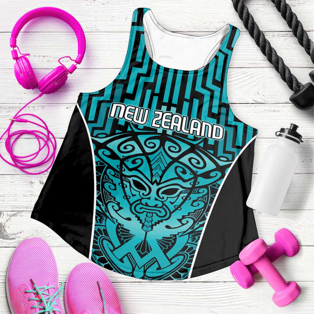 Basketball New Zealand Women Racerback Tank Teal Maori Ta Moko Indigenous - Polynesian Pride