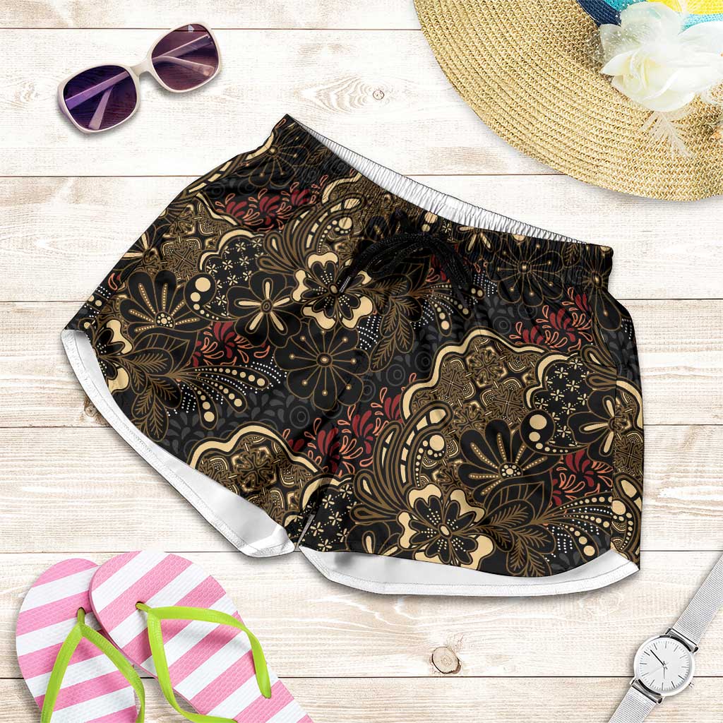 Batik Sekar Jagad Shorts for Women Indonesian Traditional Pattern LT01 Black - Polynesian Pride