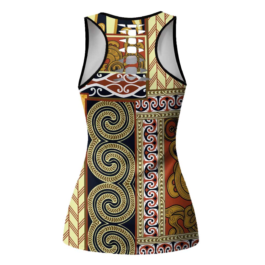 Beige Aotearoa Kowhaiwhai Pattern Hollow Tank Top NZ Maori Quilt Style - Polynesian Pride