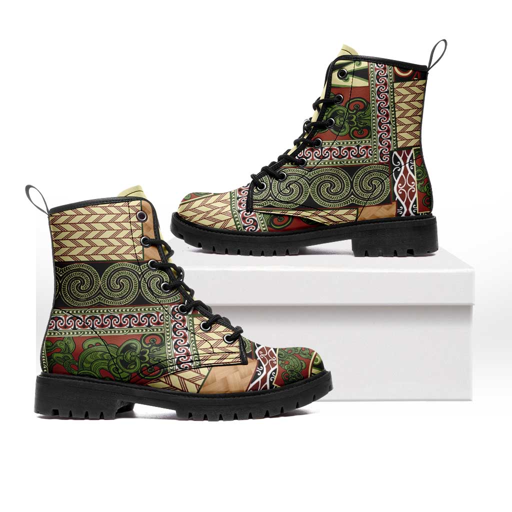 Beige Aotearoa Kowhaiwhai Pattern Leather Boots NZ Maori Quilt Style - Polynesian Pride