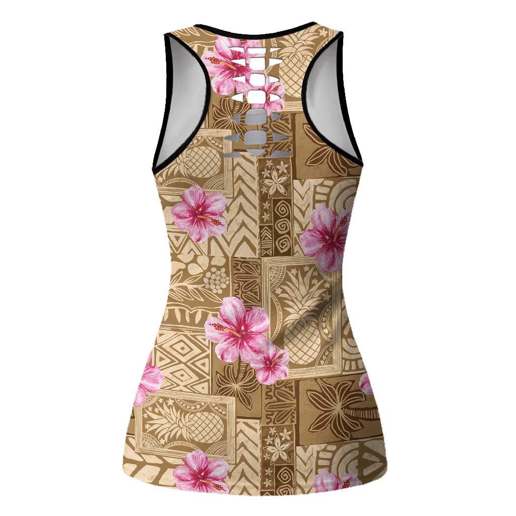 Beige Hawaii Hibiscus Tropical Flowers Motifs Hollow Tank Top - Polynesian Pride