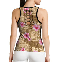 Beige Hawaii Hibiscus Tropical Flowers Motifs Hollow Tank Top - Polynesian Pride