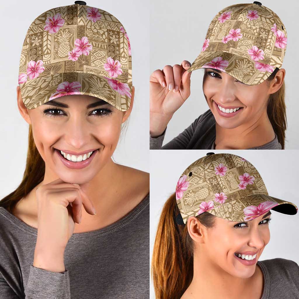 Beige Hawaii Hibiscus With Tropical Flowers Motifs Classic Cap - Polynesian Pride