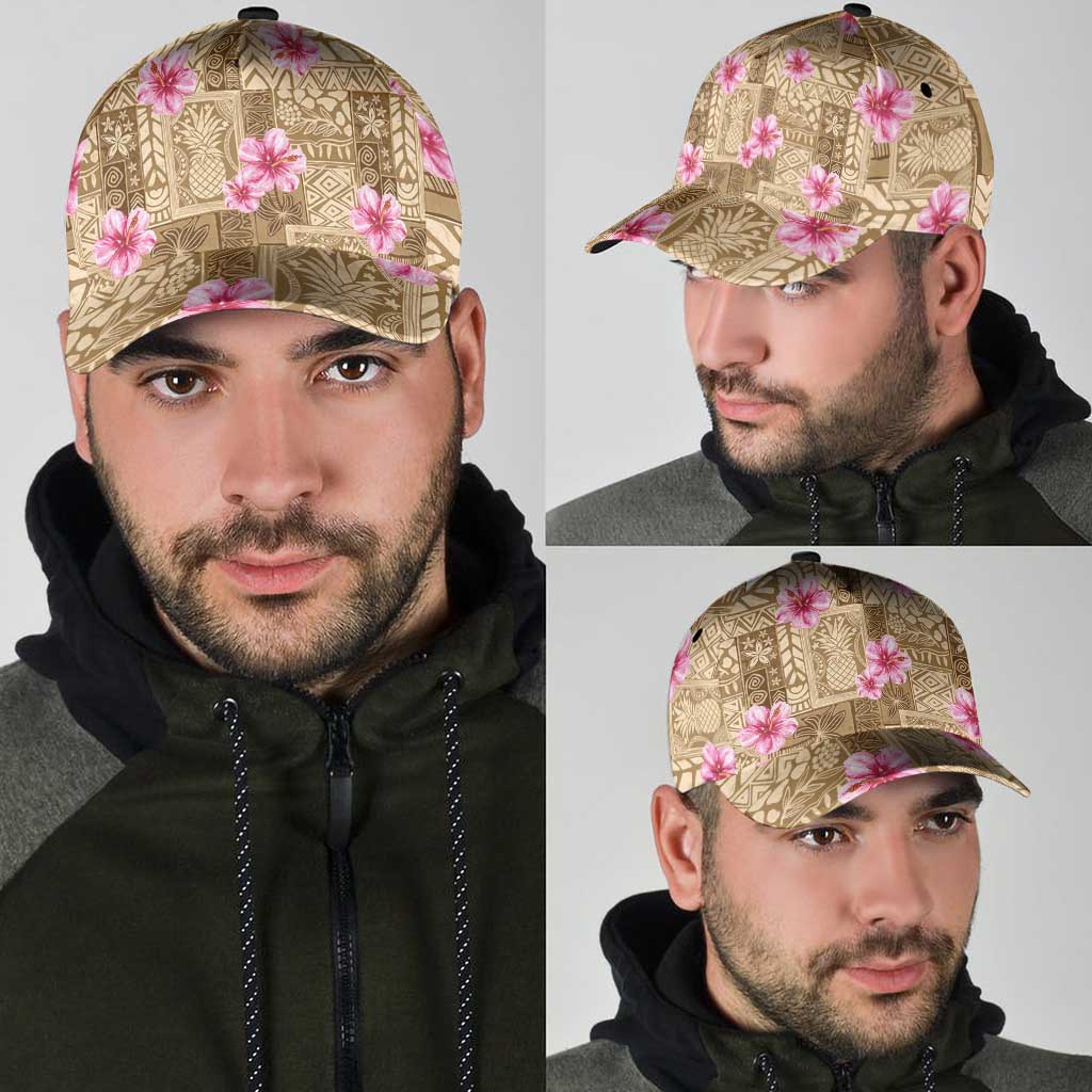 Beige Hawaii Hibiscus With Tropical Flowers Motifs Classic Cap - Polynesian Pride