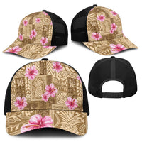 Beige Hawaii Hibiscus With Tropical Flowers Motifs Mesh Trucker Cap - Polynesian Pride