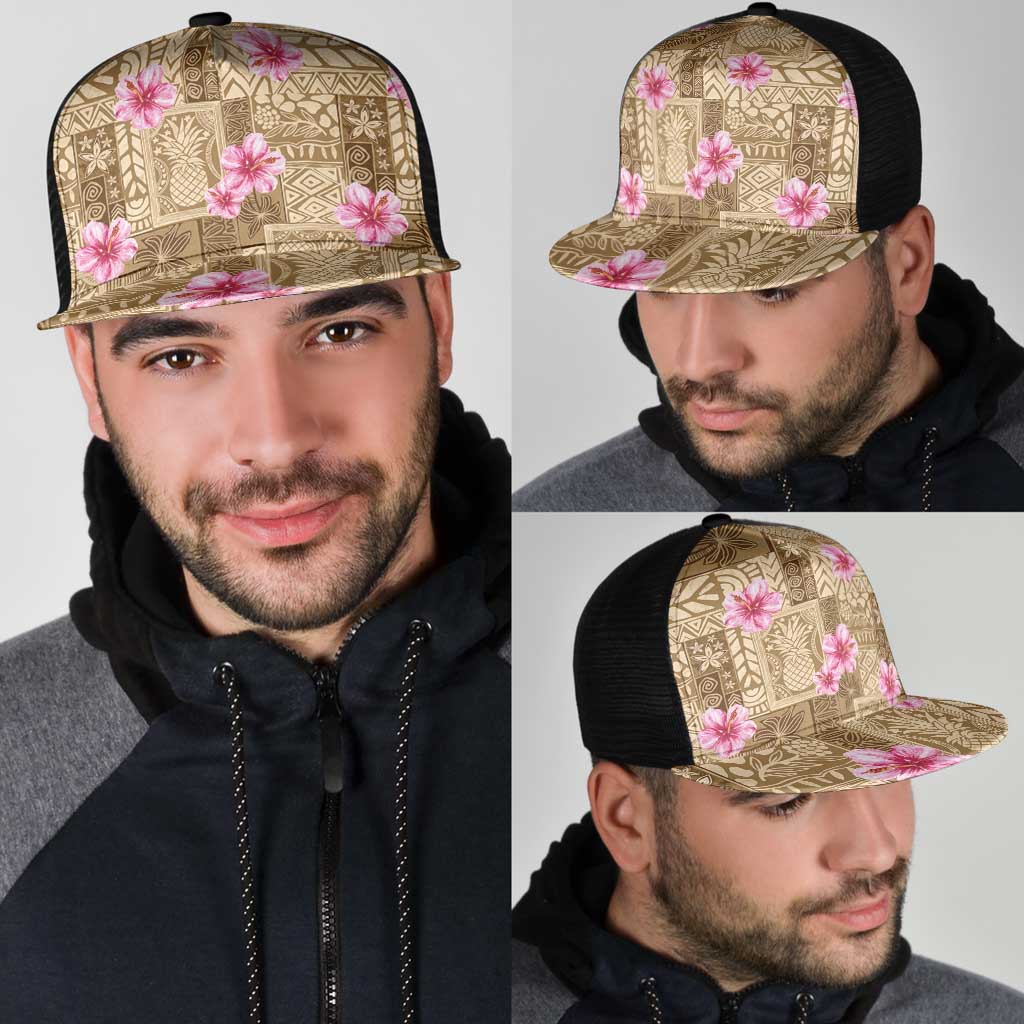 Beige Hawaii Hibiscus With Tropical Flowers Motifs Mesh Trucker Cap - Polynesian Pride