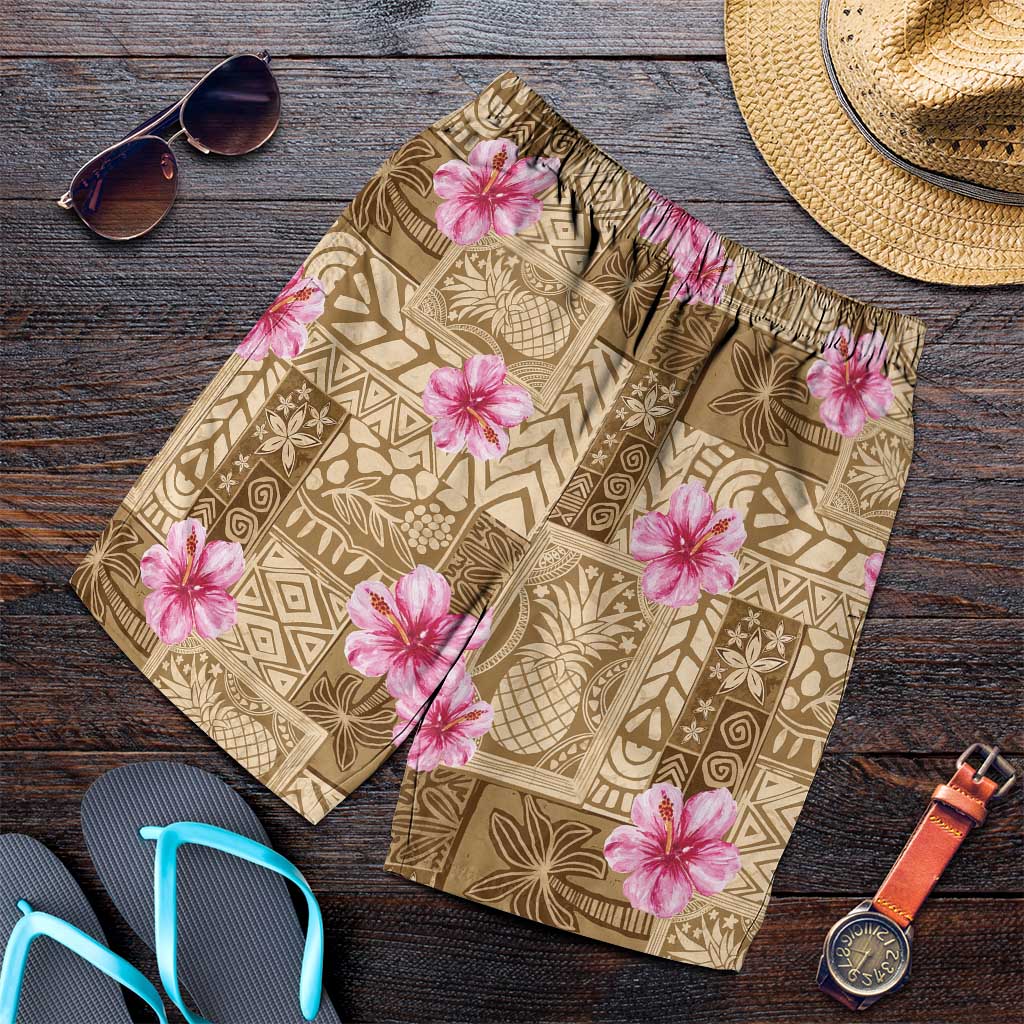 Beige Hawaii Hibiscus With Tropical Flowers Motifs Shorts for Men - Polynesian Pride