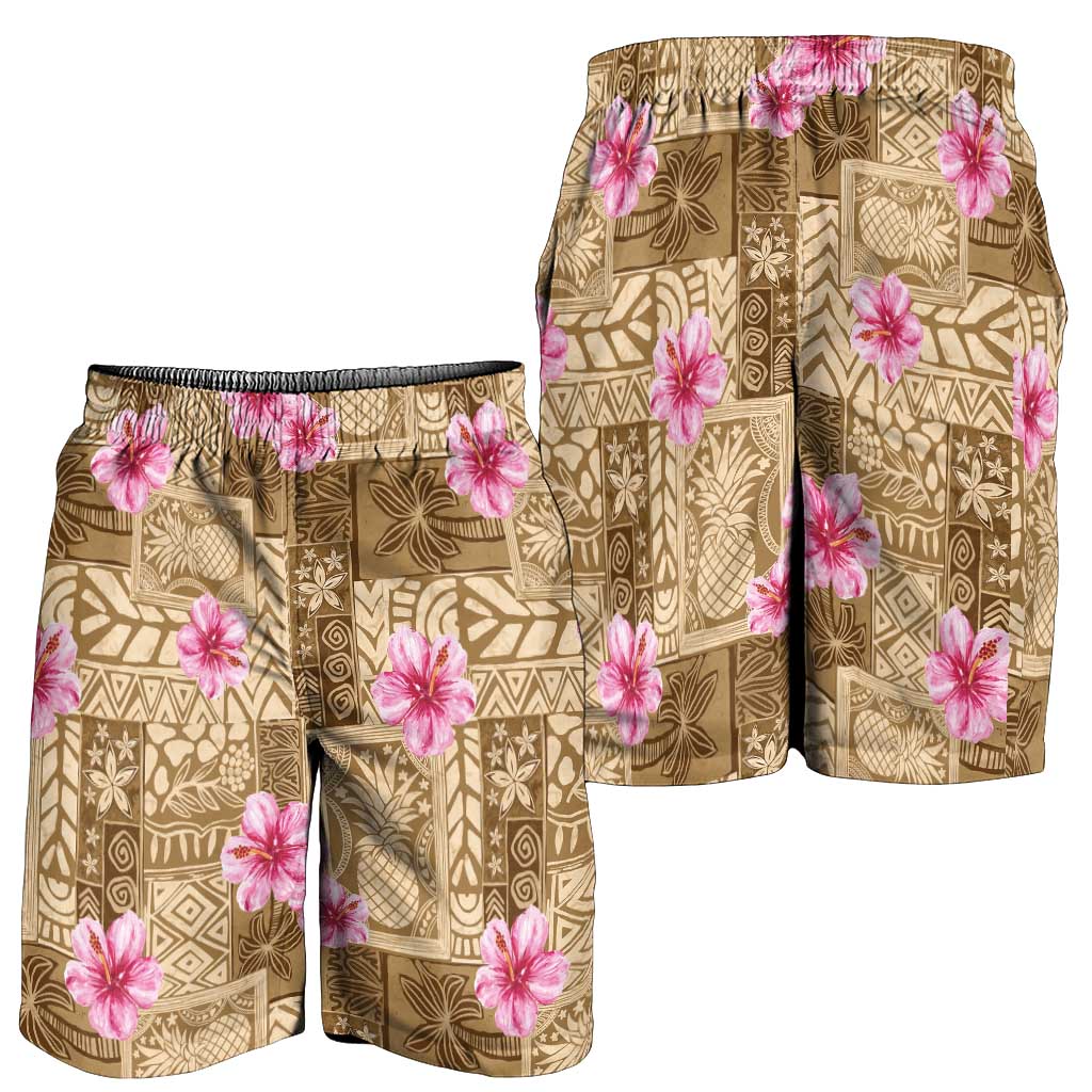 Beige Hawaii Hibiscus With Tropical Flowers Motifs Shorts for Men - Polynesian Pride