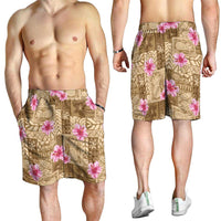 Beige Hawaii Hibiscus With Tropical Flowers Motifs Shorts for Men - Polynesian Pride
