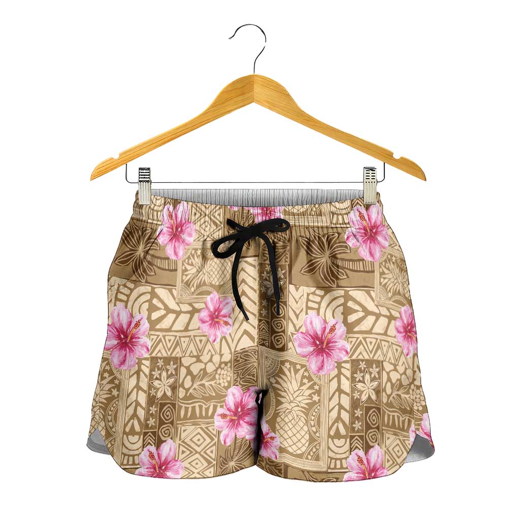 Beige Hawaii Hibiscus With Tropical Flowers Motifs Shorts for Women - Polynesian Pride