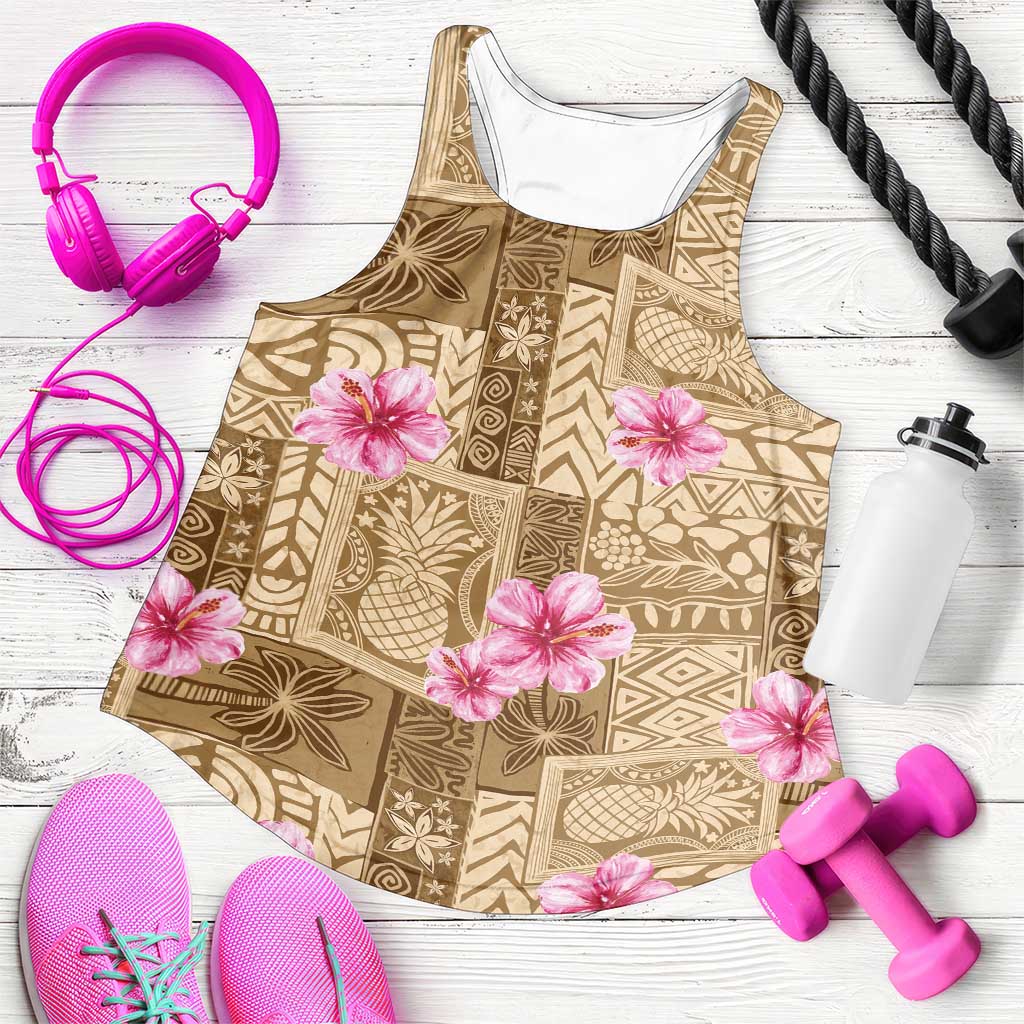 Beige Hawaii Hibiscus With Tropical Flowers Motifs Women Racerback Tank - Polynesian Pride