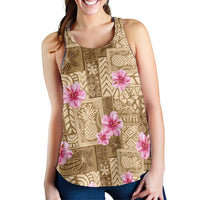 Beige Hawaii Hibiscus With Tropical Flowers Motifs Women Racerback Tank - Polynesian Pride