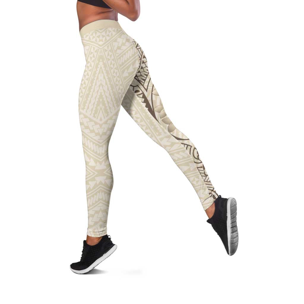 Beige Hawaii Leggings Hammerhead Shark Tattoo Curve Polynesian - Polynesian Pride