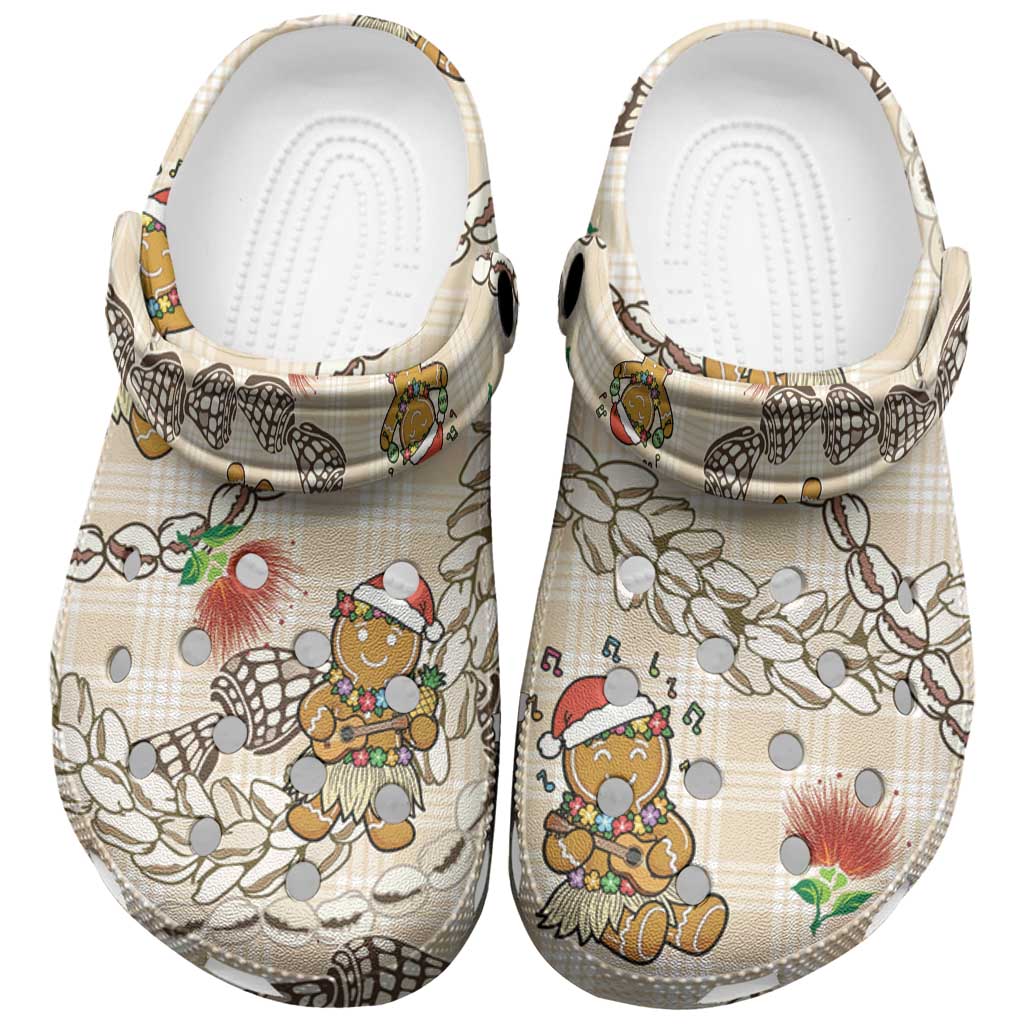 Beige Palaka Hawaii Mele Kalikimaka Clogs Shoes Ohia Lehua Shell Leis Funny Gingerbread Santa - Polynesian Pride