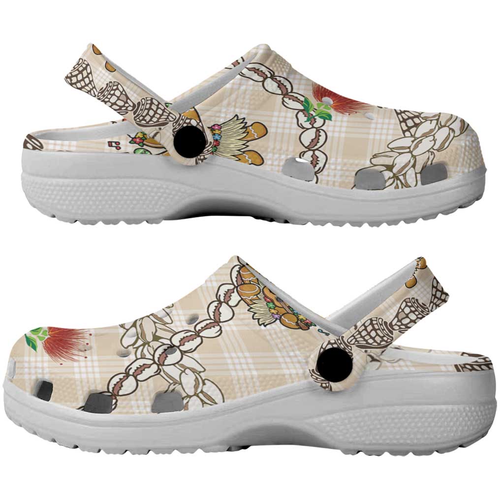 Beige Palaka Hawaii Mele Kalikimaka Clogs Shoes Ohia Lehua Shell Leis Funny Gingerbread Santa - Polynesian Pride