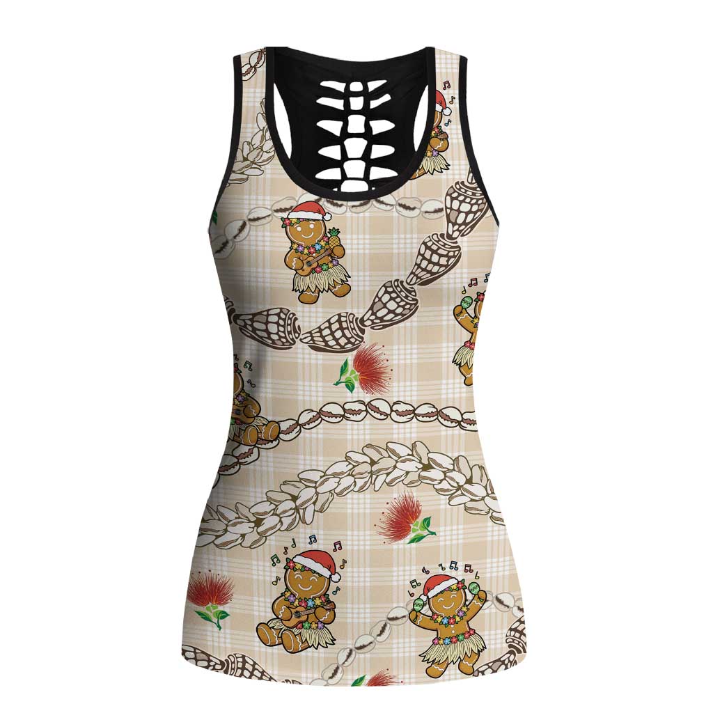 Beige Palaka Hawaii Mele Kalikimaka Hollow Tank Top Ohia Lehua Shell Leis Funny Gingerbread Santa - Polynesian Pride
