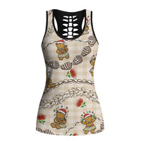 Beige Palaka Hawaii Mele Kalikimaka Hollow Tank Top Ohia Lehua Shell Leis Funny Gingerbread Santa - Polynesian Pride