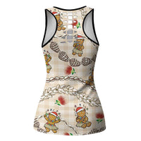 Beige Palaka Hawaii Mele Kalikimaka Hollow Tank Top Ohia Lehua Shell Leis Funny Gingerbread Santa - Polynesian Pride