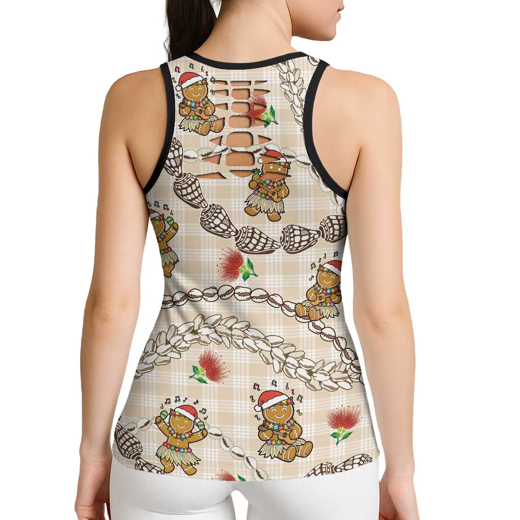 Beige Palaka Hawaii Mele Kalikimaka Hollow Tank Top Ohia Lehua Shell Leis Funny Gingerbread Santa - Polynesian Pride