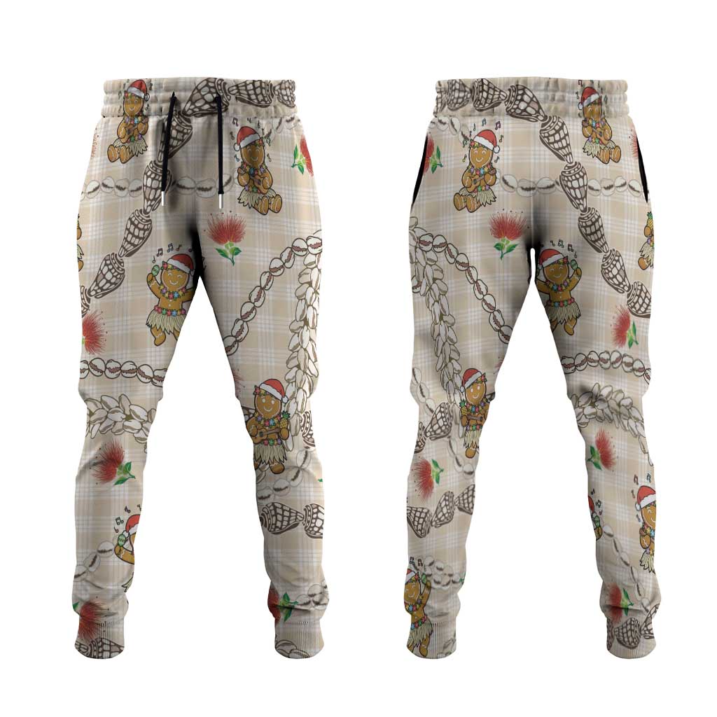 Beige Palaka Hawaii Mele Kalikimaka Jogger Pants Ohia Lehua Shell Leis Funny Gingerbread Santa - Polynesian Pride