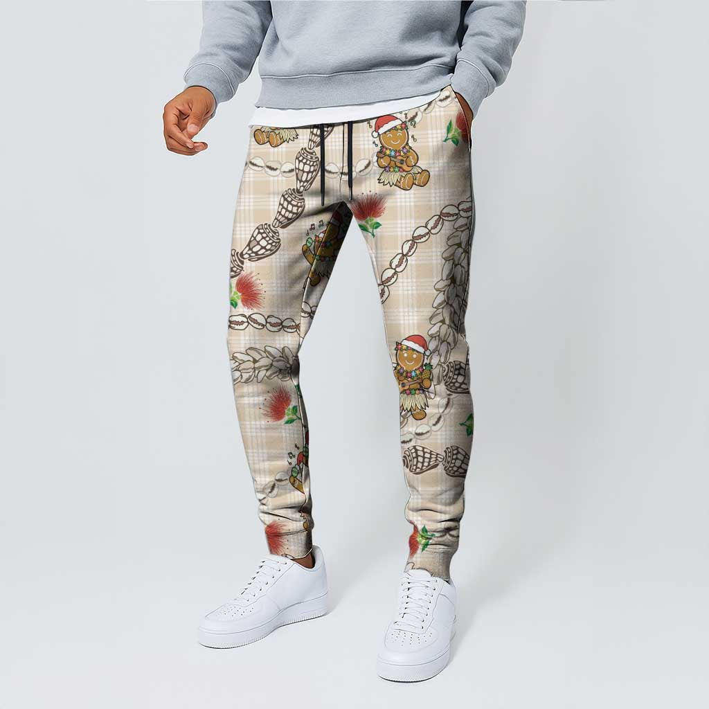 Beige Palaka Hawaii Mele Kalikimaka Jogger Pants Ohia Lehua Shell Leis Funny Gingerbread Santa - Polynesian Pride