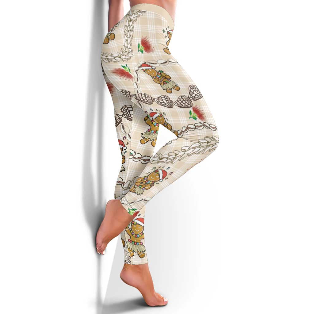 Beige Palaka Hawaii Mele Kalikimaka Leggings Ohia Lehua Shell Leis Funny Gingerbread Santa - Polynesian Pride