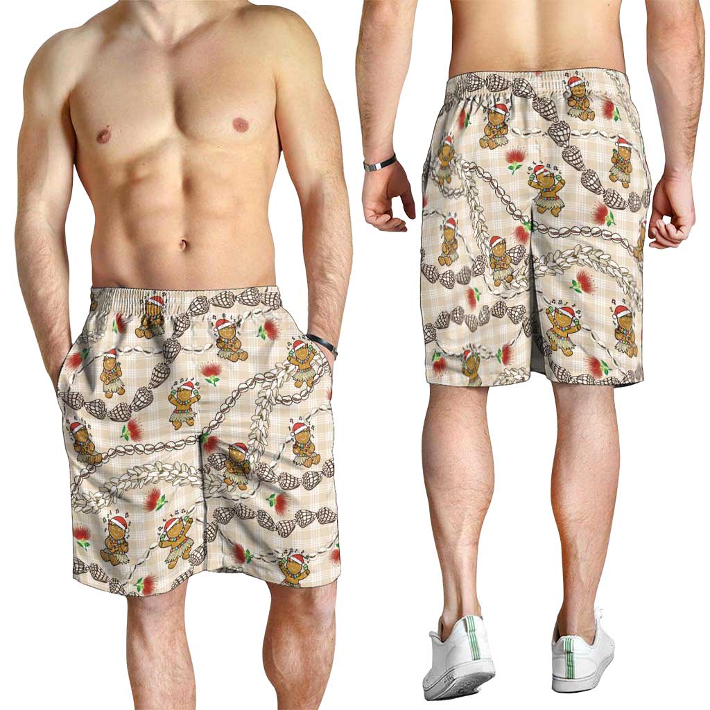Beige Palaka Hawaii Mele Kalikimaka Shorts for Men Ohia Lehua Shell Leis Funny Gingerbread Santa - Polynesian Pride