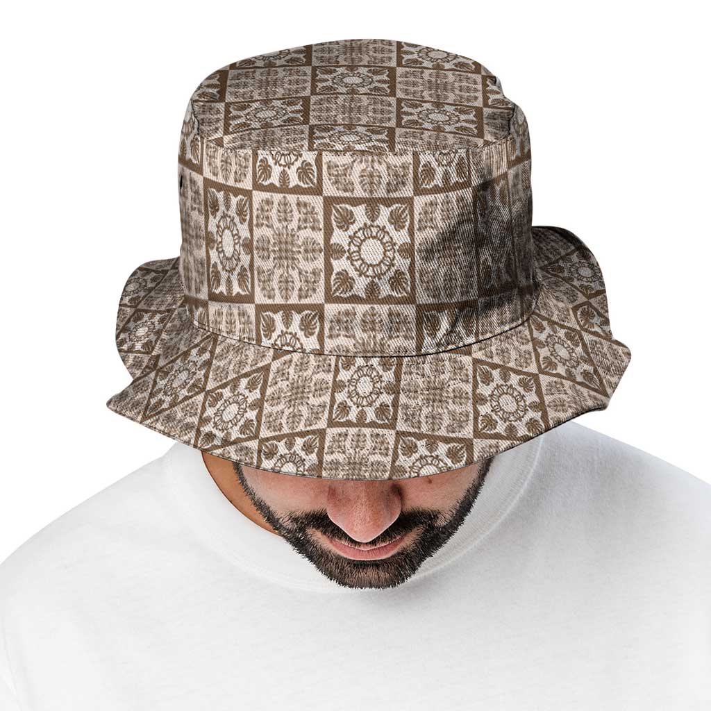 Beige Palaka Quilt Hawaii Bucket Hat Hawaiian Tropical Monstera Sea Turtle