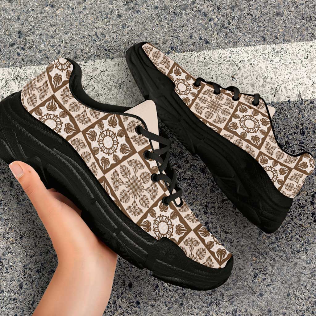 Beige Palaka Quilt Hawaii Chunky Sneakers Hawaiian Tropical Monstera Sea Turtle
