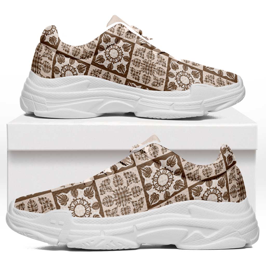 Beige Palaka Quilt Hawaii Chunky Sneakers Hawaiian Tropical Monstera Sea Turtle