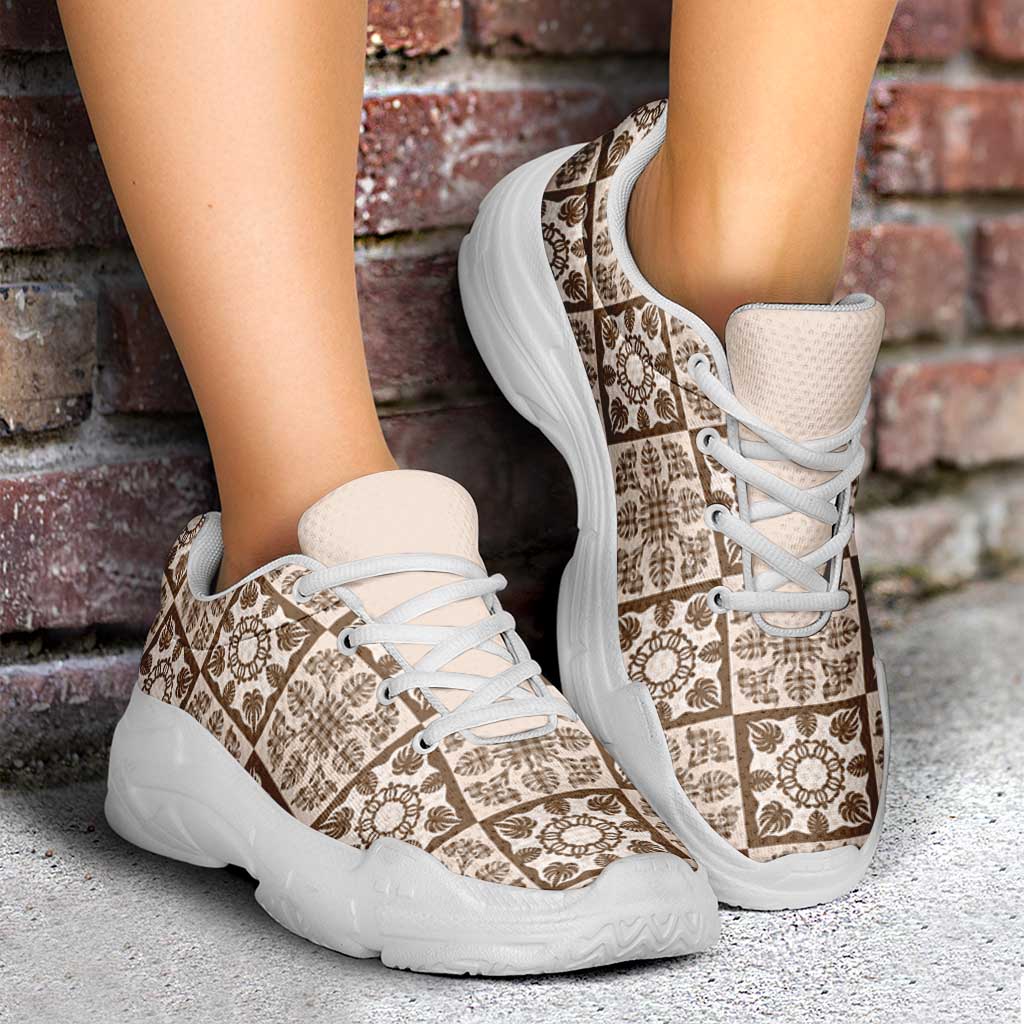 Beige Palaka Quilt Hawaii Chunky Sneakers Hawaiian Tropical Monstera Sea Turtle