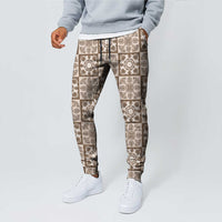 Beige Palaka Quilt Hawaii Jogger Pants Hawaiian Tropical Monstera Sea Turtle