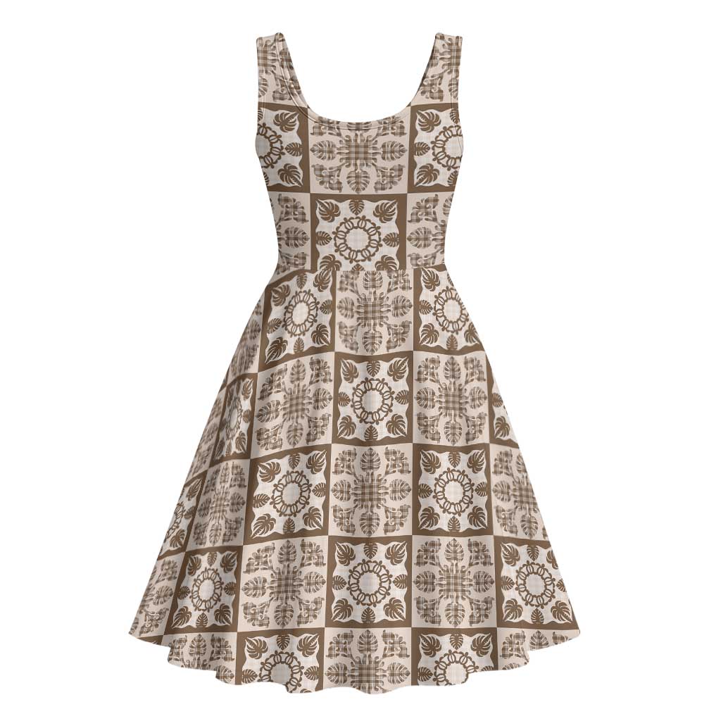 Beige Palaka Quilt Hawaii Midi Dress Hawaiian Tropical Monstera Sea Turtle