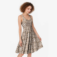 Beige Palaka Quilt Hawaii Midi Dress Hawaiian Tropical Monstera Sea Turtle