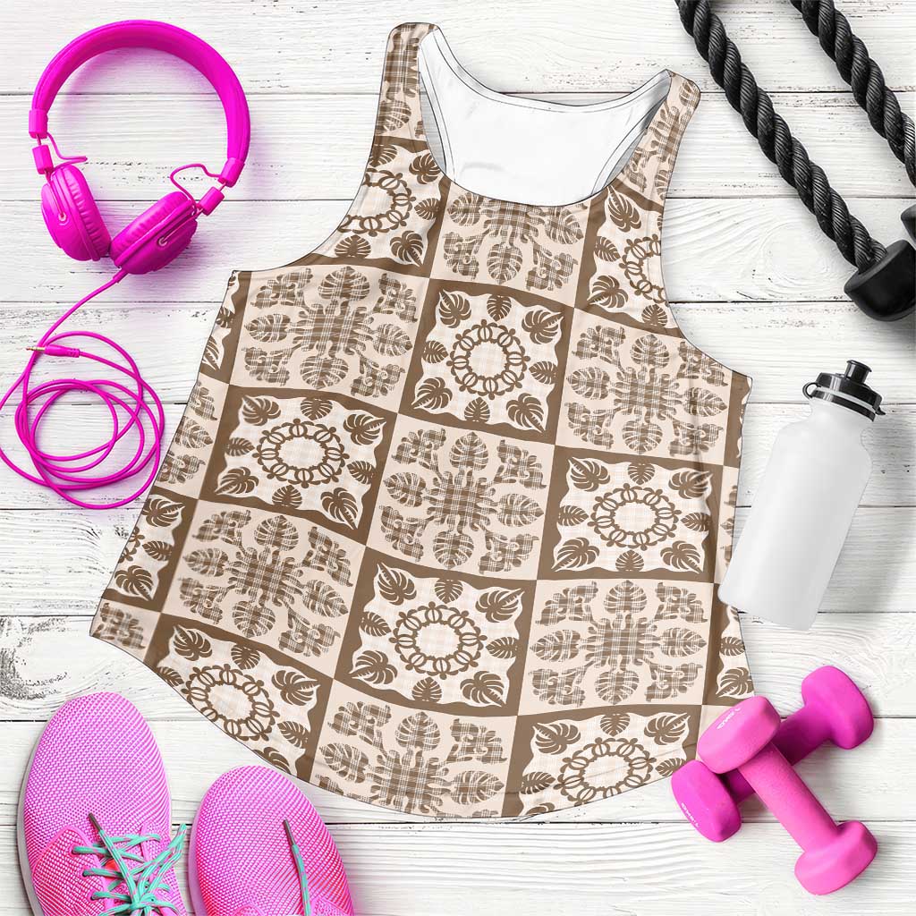 Beige Palaka Quilt Hawaii Women Racerback Tank Hawaiian Tropical Monstera Sea Turtle