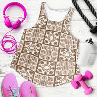 Beige Palaka Quilt Hawaii Women Racerback Tank Hawaiian Tropical Monstera Sea Turtle