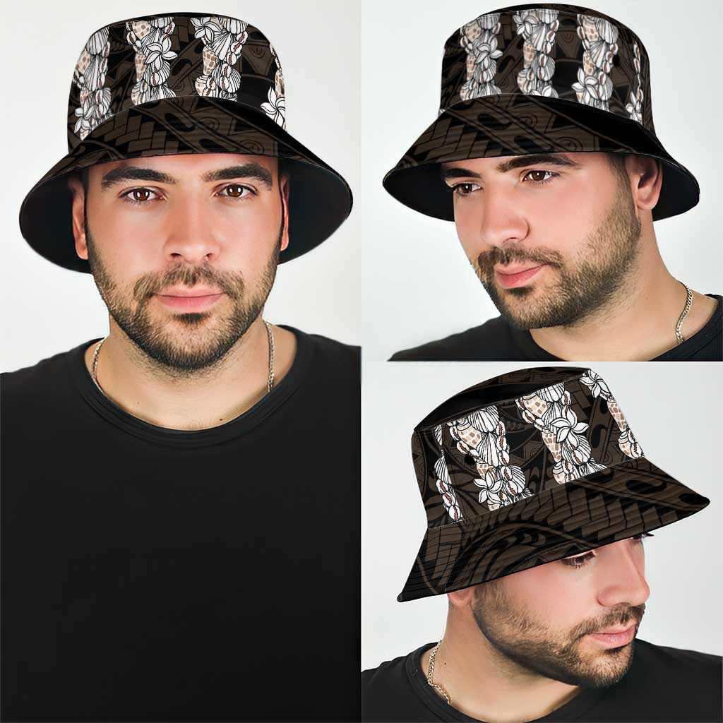 Black and Beige Hawaii Shell Lei Bucket Hat Hawaiian Sunrise Shell Hebrew Cone Plumeria - Polynesian Pride
