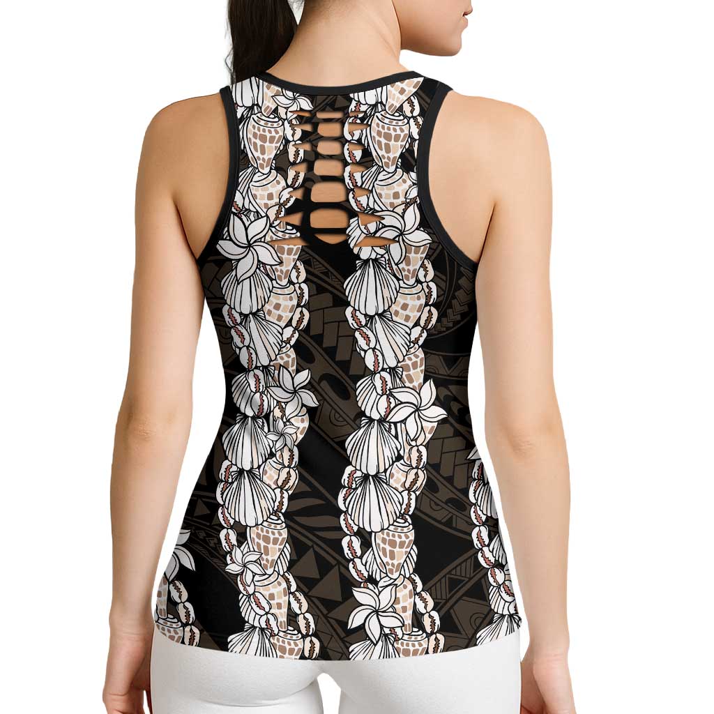 Black and Beige Hawaii Shell Lei Hollow Tank Top Hawaiian Sunrise Shell Hebrew Cone Plumeria LT14 - Polynesian Pride