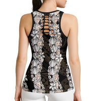 Black and Beige Hawaii Shell Lei Hollow Tank Top Hawaiian Sunrise Shell Hebrew Cone Plumeria LT14 - Polynesian Pride