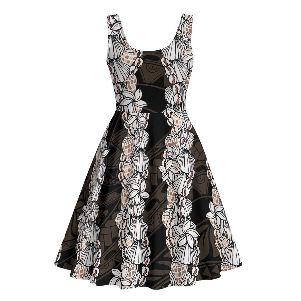 Black and Beige Hawaii Shell Lei Midi Dress Hawaiian Sunrise Shell Hebrew Cone Plumeria - Polynesian Pride