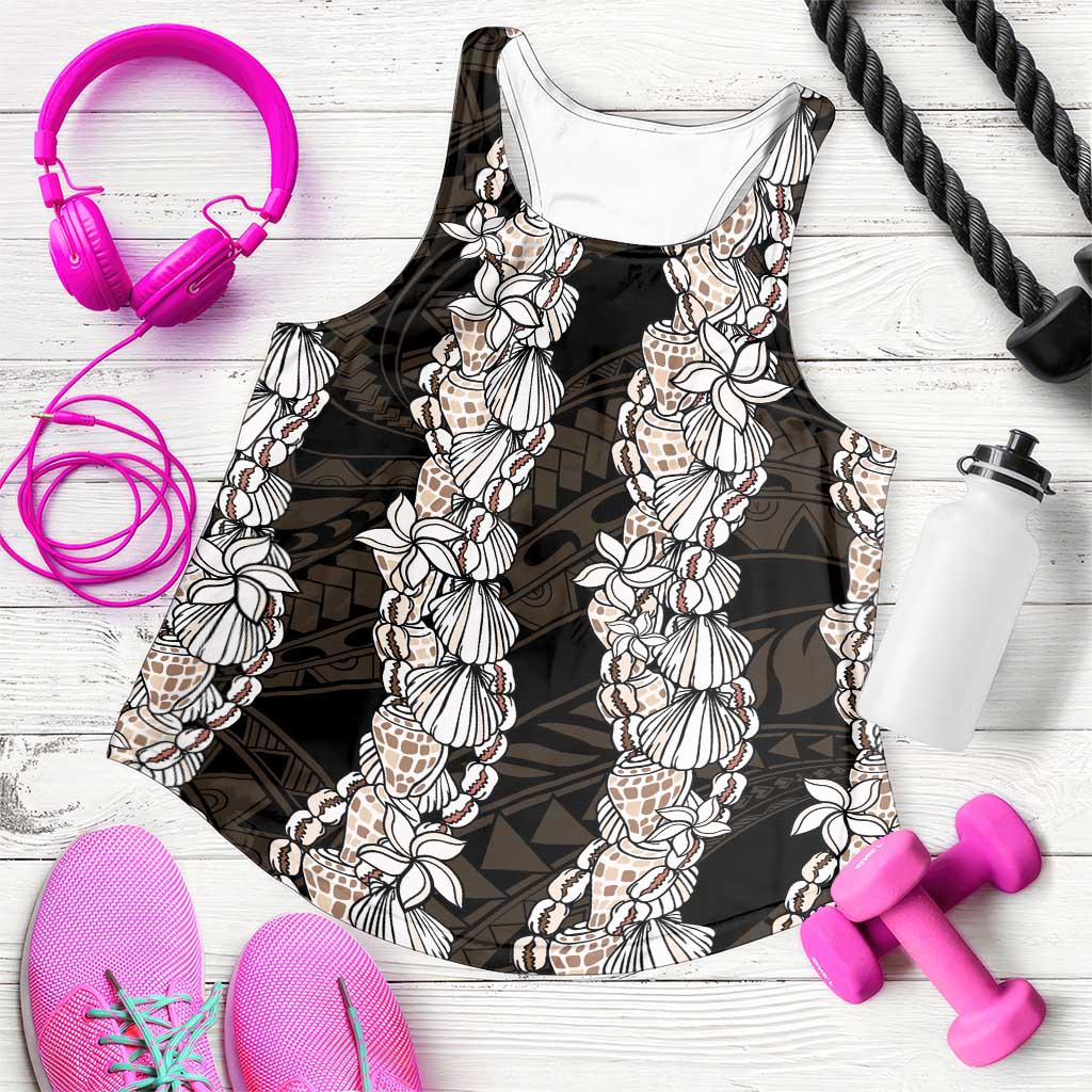 Black and Beige Hawaii Shell Lei Women Racerback Tank Hawaiian Sunrise Shell Hebrew Cone Plumeria - Polynesian Pride