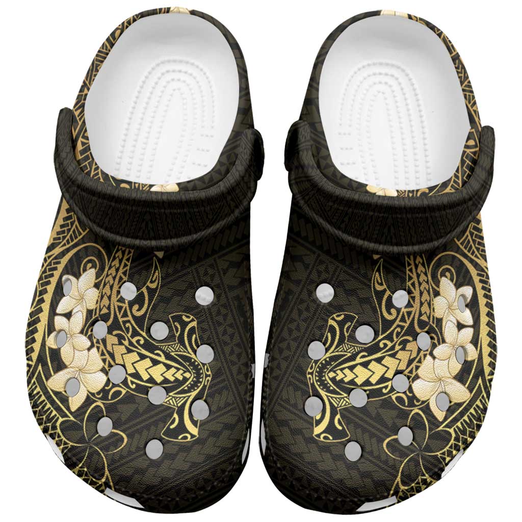 Black and Gold Hawaii Clogs Shoes Hammerhead Shark Tattoo Curve Polynesian - Polynesian Pride