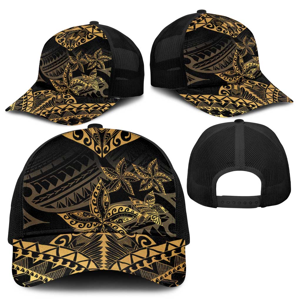 Black and Gold Polynesia Mesh Trucker Cap Plumeria Tattoo With Polynesian Pattern - Polynesian Pride
