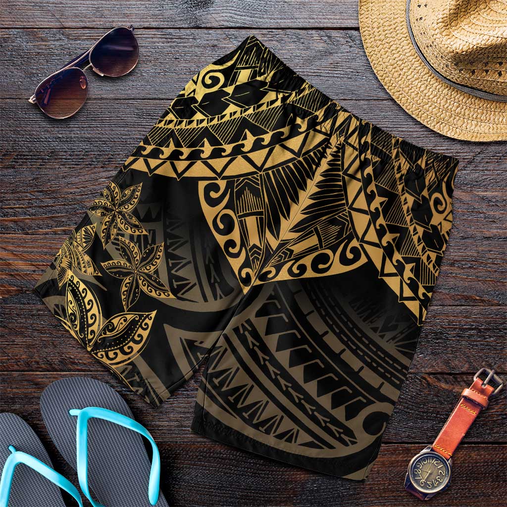 Black and Gold Polynesia Shorts for Men Plumeria Tattoo With Polynesian Pattern - Polynesian Pride