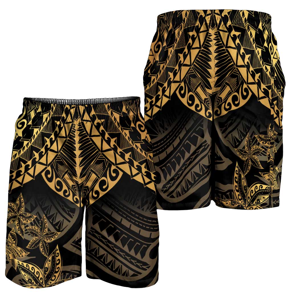 Black and Gold Polynesia Shorts for Men Plumeria Tattoo With Polynesian Pattern - Polynesian Pride
