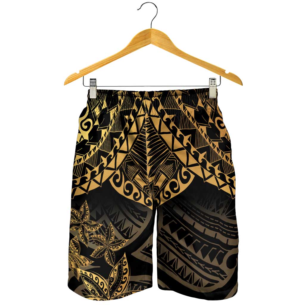 Black and Gold Polynesia Shorts for Men Plumeria Tattoo With Polynesian Pattern - Polynesian Pride