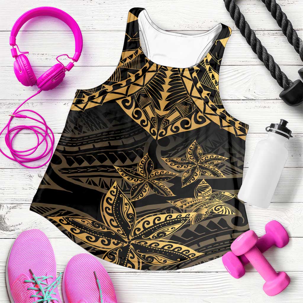 Black and Gold Polynesia Women Racerback Tank Plumeria Tattoo With Polynesian Pattern - Polynesian Pride