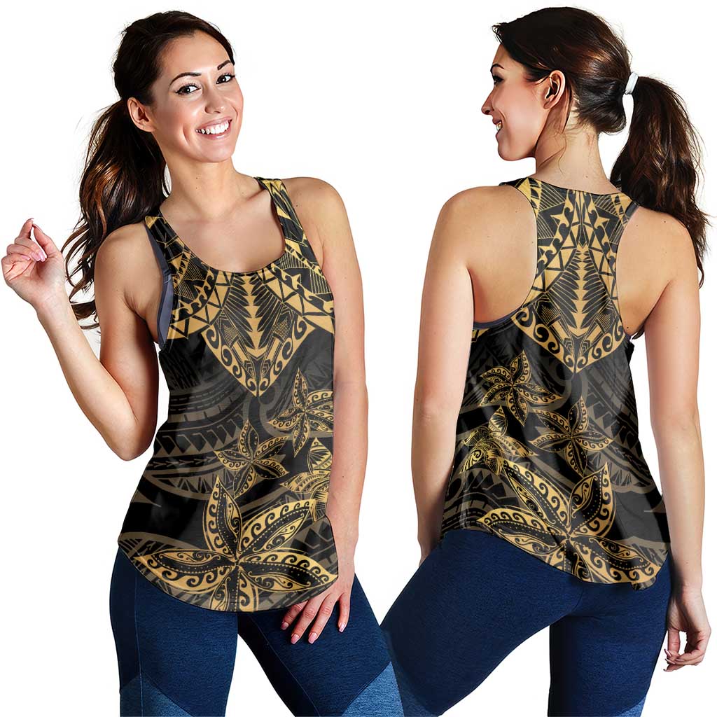 Black and Gold Polynesia Women Racerback Tank Plumeria Tattoo With Polynesian Pattern - Polynesian Pride