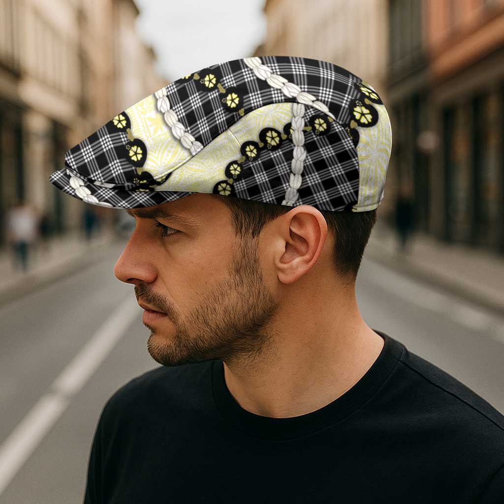 Black Palaka Hawaii Jeff Hat Kukui Nut Pikake Lei Hawaiian Tapa Pattern - Polynesian Pride