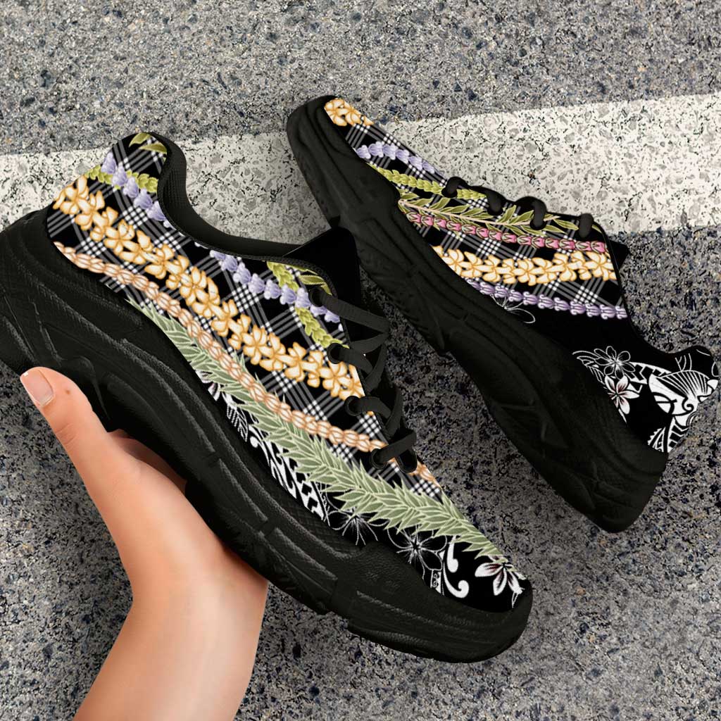 Black Palaka Hawaii Leis Chunky Sneakers Hawaiian-plaid Elegant Tropical Vibes